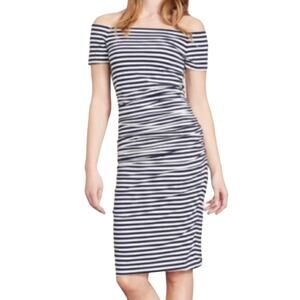 Boden off shoulder ruched dress Navy and white stripe women’s size 4